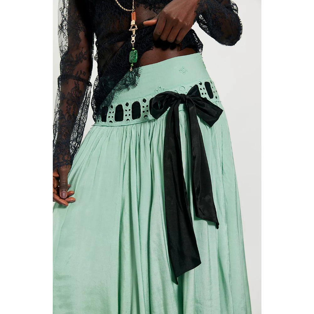 Free People HARLOW A-Line Ribbon Bow Maxi Skirt in Mint Green Size S NWOT $198 - Picture 2 of 8